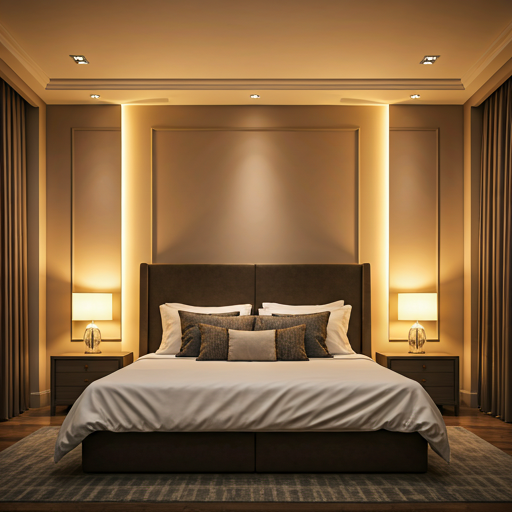 Human Centric Lighting trong phòng ngủ: đèn hắt tường ánh vàng ấm và hai đèn ngủ đầu giường